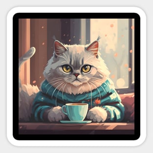 Cute cat in sweater having coffee Sticker